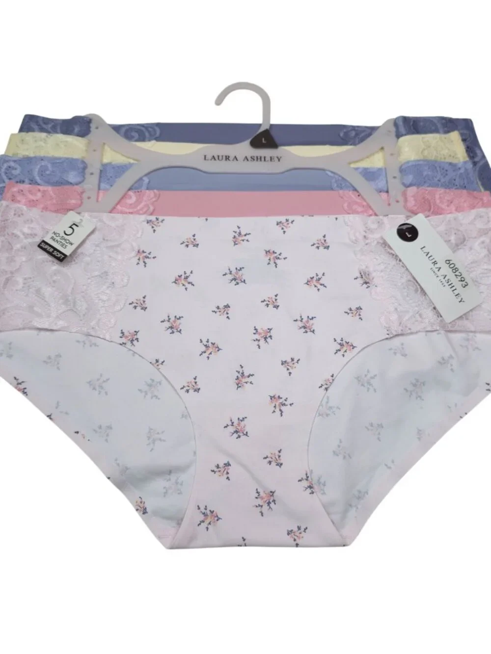 Laura Ashley L 5-Pack No-Show Lace Trim Panties Super Soft Hipster Pink Blue Yel